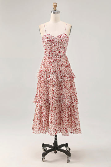 Blush Flower A Line Spaghetti Straps Printed Tiered Wedding Guest Dress